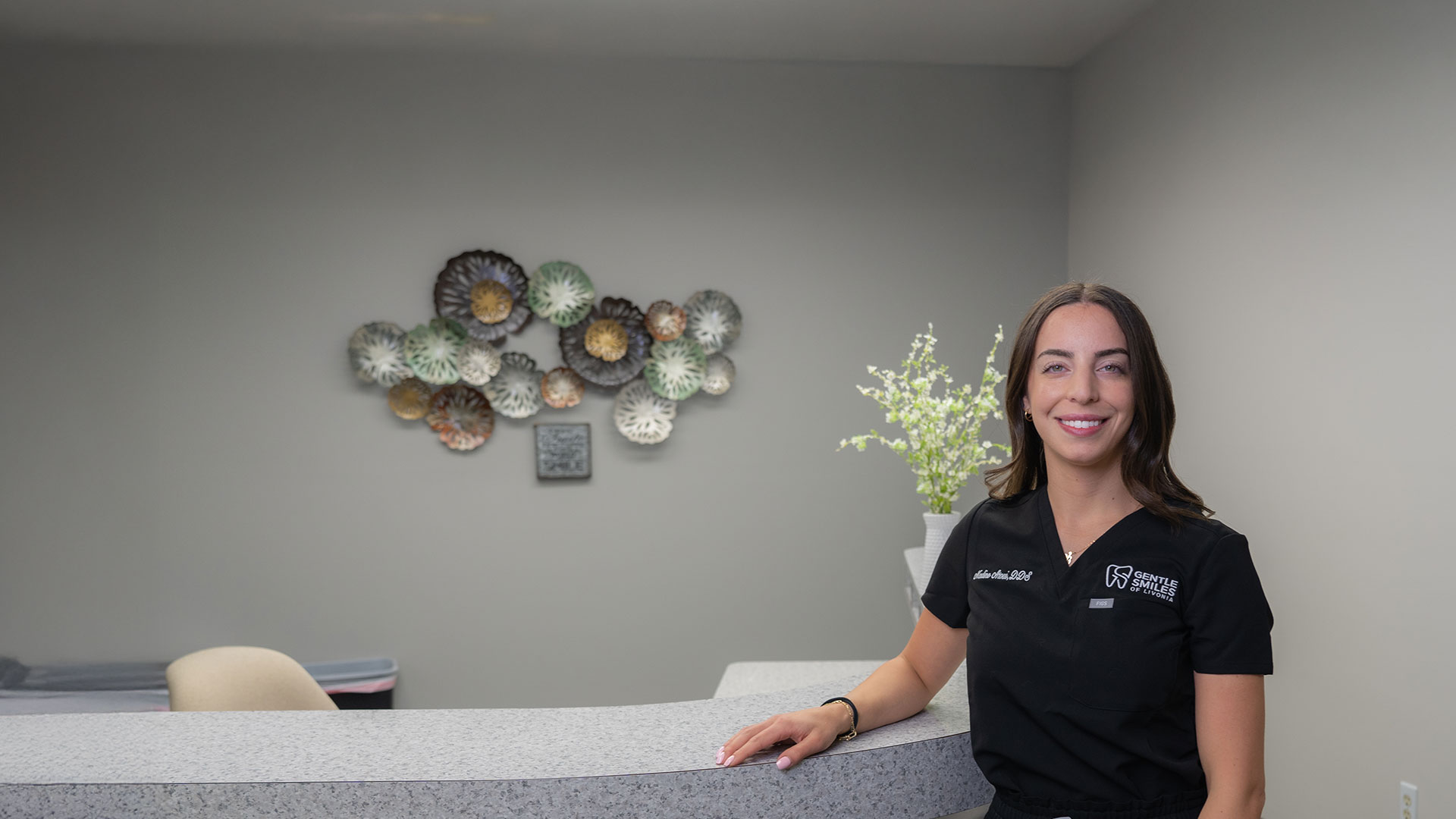 Dr. Nadine Hussein, DDS at the reception of Gentle Smiles of Livonia, MI